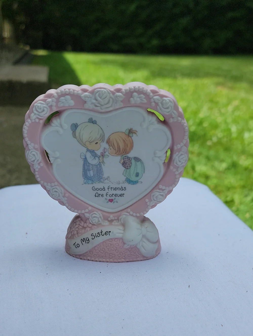 Enesco Pink and White Heart Figurine Base Marked Precious Moments Vintage